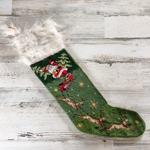 Vintage Needlepoint Christmas Stocking Santa Sleigh & Reindeers